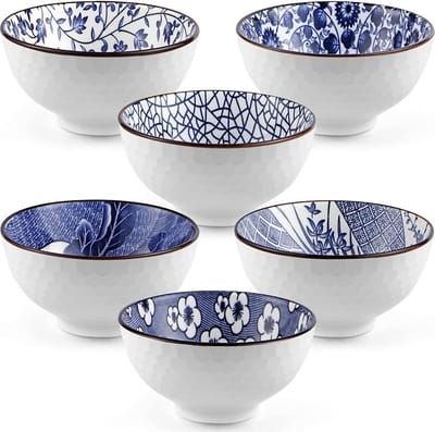 Serviesset met 6 wit/blauwe kommen - Keramiek/Bloemen/Chinees/Aziatisch Bakjes Schaaltjes - Kommetjes voor rijst, saus, yoghurt etc.