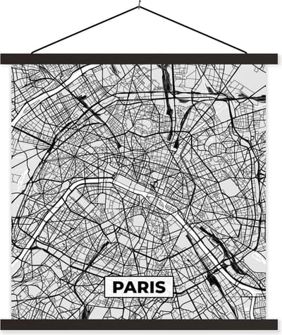 Posterhanger incl. Poster 60x60 cm - Schoolplaat - Frankrijk - Plattegrond - Kaart - Parijs - Stadskaart - Textielposter - Zwarte latten - Stadskaart