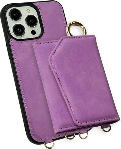 CaseMania Backcase hoesje geschikt voor iPhone 15 Pro Max - Effen Paars - Kunstleer - met Nekkoord, Pashouder en Spiegeltje