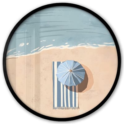 Poster in lijst Rond - Fotolijst 40x40 cm - Posters - Strandlaken - Strepen - Parasol - Strand - Ronde posterlijst zwart - Decoratie - Wanddecoratie woonkamer - Muurdecoratie slaapkamer