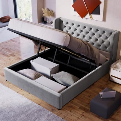Gutent Tweepersoonsbed, Grijs (Zonder matras), 140*200 cm, Oorvormig, Fluweel, Grote Knoopnaden, met lattenbodem en opbergruimte, de bodem van het bed bedekt met een zwarte vlekbestendige vliesstof
