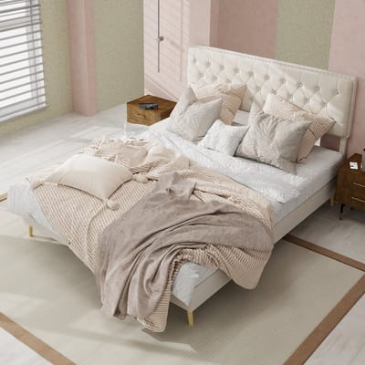 Tweepersoonsbedden - 140x200CM - Modern Minimalistisch Zacht Bed Lage Box - Comfortabel Hoofdbord - Beige (Geen Matras)