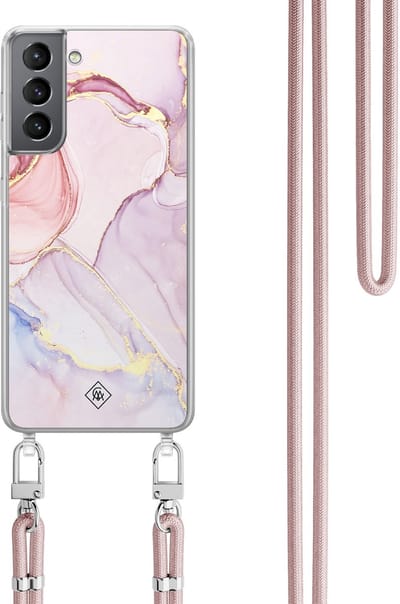 Casimoda® hoesje met rosegoud koord - Geschikt voor Samsung S21 Plus - Marmer roze paars - Afneembaar koord - TPU/polycarbonaat - Paars