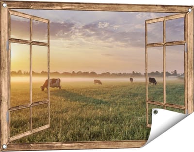 Gards Tuinposter Doorkijk Koeien in de Wei tijdens Zonsopkomst - 90x60 cm - Tuindoek - Tuindecoratie - Wanddecoratie buiten - Tuinschilderij