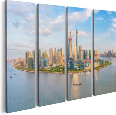 Artaza Canvas Schilderij Vierluik Skyline Shanghai Stad in China - 80x60 - Foto Op Canvas - Canvas Print