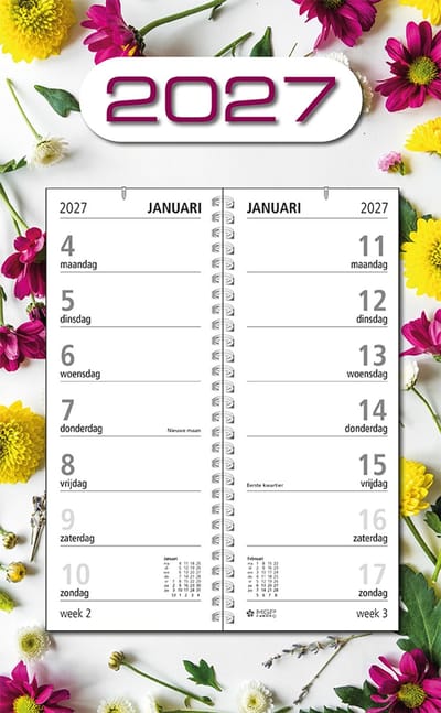 MGPcards - Omlegweek kalender 2027 - Week begint op maandag - Omslag kalender - 21 x 34 cm - Bloemen - Wit