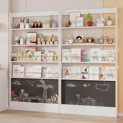 Pugsdrly Boekenrek, displayrek, set van 2 boekenrekken, rek voor kinderkamer, opbergrek met 4 niveaus + zwart rek om te schilderen, kantelbeveiliging/ruimtebesparend, boekenrek achter de deur, 200*10*180 cm