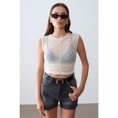 Mouwloze Kanten Geribde Blouse