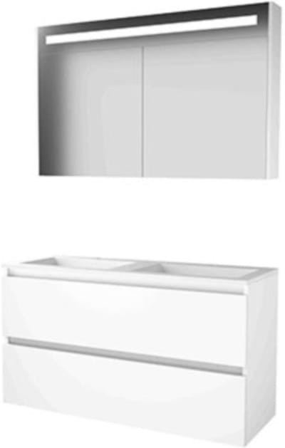 Basic-Line Premium 46 Badkamermeubelset - 120 x 46 cm - Greeploos - 2 Lades - Acryl Wastafel - 2 Kraangaten - Spiegelkast met LED Verlichting - Ice White