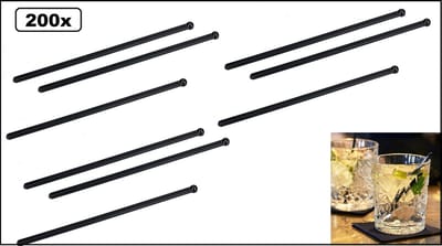 200x Cocktail stirrer roerstaafjes herbruikbaar zwart 165mm