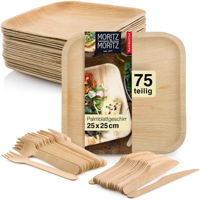 Moritz & Moritz Palmblad Servies 75-delig - 25 Borden met Mes en Vork - Palmblad en Berkenhout - Natuurlijk