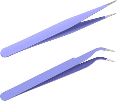 Pincet voor wimperextensions met antistatische roestvrijstalen punt - Set van 2 - Precisiepincet met rechte en gebogen punten - Paars