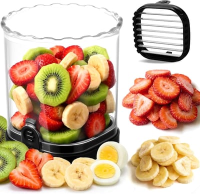 BOTC - Fruitsnijbeker - Aardbeiensnijder - Fruit- en Groentesnijder met 8 RVS Messen - Handmatige Eier - Banaan- en Komkommersnijder - Afneembare Keukenhulp - Zwart
