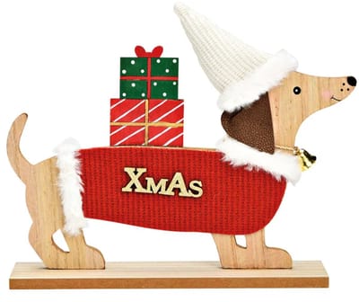Decoratieve kerst standaard Teckel met muts trui en cadeaus