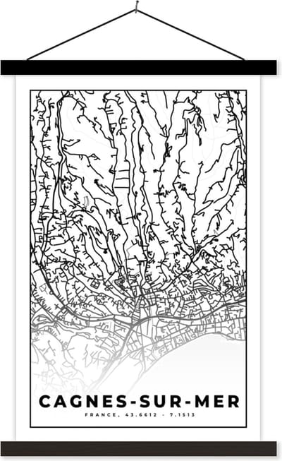 Posterhanger incl. Poster 40x60 cm - Schoolplaat - Cagnes-sur-Mer - Frankrijk - Plattegrond - Stadskaart - Kaart - Zwart wit - Textielposter - Zwarte latten - Stadskaart