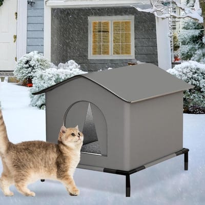 Verhoogd huisdierenhuisje - Geïsoleerde, weerbestendige schuilplaats met zachte voering, geschikt voor katten, honden en pluimvee. Ideaal voor tuinen, balkons en achtertuinen (42 x 42 x 42 cm, Grijs)