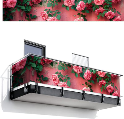 Balkonscherm 500x85 cm - Balkonposter Roze - Bloemen - Rozen - Bladeren - Balkon scherm decoratie - Balkonschermen - Balkondoek zonnescherm