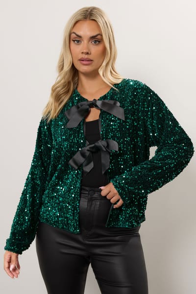 Yours Groen Fluwelen Strik Voorkant Pailletten Jasje Size 42