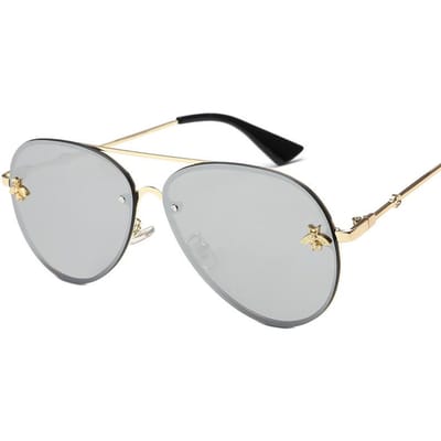 Lunettes de Soleil Abeille Monture Métal Sans Contour Mode Vintage Rondes Surdimensionnées Miroir UV400 pour Femmes Hommes