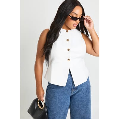 boohoo Dames Plus op maat gemaakte gilet met goudkleurige knoopaccenten | Wit | Maat: 56
