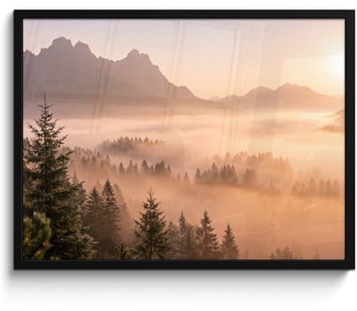 Poster in lijst - Fotolijst 80x60 cm - Posters - Zonlicht - Mist - Bergen - Bomen - Posterlijst zwart - Decoratie - Wanddecoratie woonkamer - Muurdecoratie slaapkamer