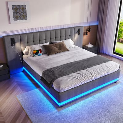 MODENUIT Gestoffeerd bed 180x200 cm – Zonder matras – LED-verlichting – Hoofdbord met leeslamp en USB – Linnen – Grijs