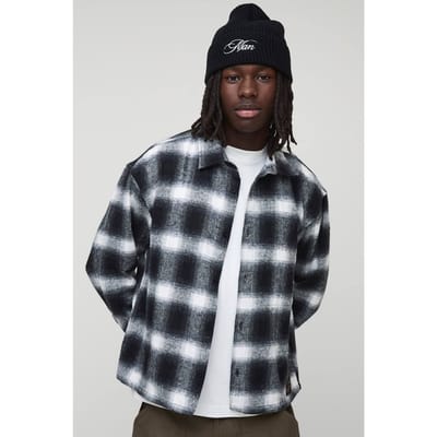 Oversized Boxy Geborsteld Geruit Badge Carpenter Overshirt | Black | Size XS