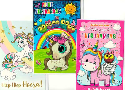 Wenskaarten - set van 3 - 3 wenskaarten - Eenhoorn - Unicorn - fijne verjaardag - verjaardag meisje - hiep hiep hoera - magische verjaardag - hartelijk gefeliciteerd - verjaardag kind - wenskaart