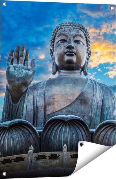 Gards Tuinposter Boeddha Beeld bij een Tempel - 60x80 cm - Tuindoek - Tuindecoratie - Wanddecoratie buiten - Tuinschilderij