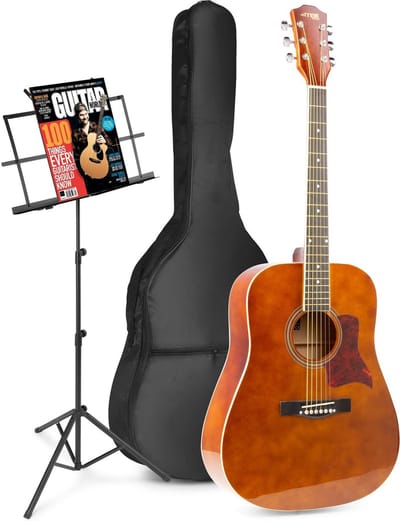 Akoestische gitaar voor beginners - MAX SoloJam Western gitaar 4/4 - Incl. muziekstandaard, gitaar stemapparaat, gitaartas en 2x plectrum - Bruin (hout)