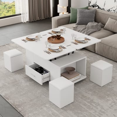 HAUSS SPOLE Salontafel - Verstelbare Koffietafel met Lade en 4 Opberghockers - 100x50x45 cm - Spaanplaat - Wit