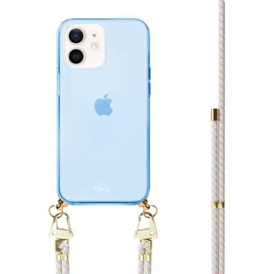 xoxo Wildhearts silicone case met koord - Blauw telefoonhoesje met koord - telefoonketting - Aqua Pink - Cord Case - geschikt voor Apple iPhone 11 - Lichtblauw / Roze gestreept koord