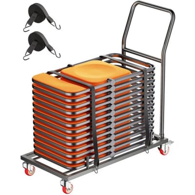 VEVOR opklapbare stoelstandaard, draagvermogen 136 kg, L-vormige horizontale stoeltrolley voor 25 stoelen, robuuste metalen stoelopbergwagen met rubberen wielen en houders, grote stoelhouder, matzwart