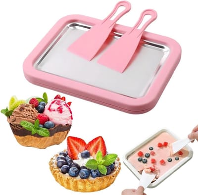 Rolled Ijsmaker - 3-Minuut Draagbaar - Roestvrijstalen Vriesbak & 2 Schrapers, Geen Elektriciteit - Perfect voor Familie & Feest Desserts - Roze - 1 Stuk
