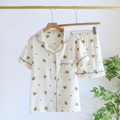 Nieuwe Zomer Dames Pyjama Set 100% Katoen Crêpe Korte Mouw Shorts Tweedelige Set Lief Schattig Zoet Thuis Dunne Stijl Vrouwen XL beige