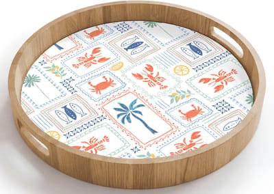Dienblad rond 40x40 cm - Schootdienblad hout - Zee - Zomer - Krab - Patroon - Borrelplank rechthoek - Plateau houten dienbladen