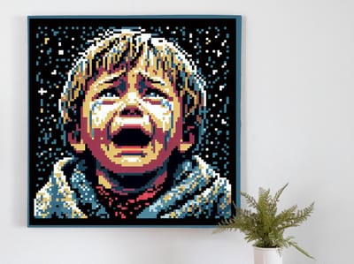 Pixel art huilend kind schilderij | Het tranende kind van pixels: een meesterwerk van emotie | Kunst - 40x40 centimeter op Dibond | Foto op Dibond