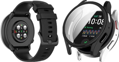Strap-it Siliconen band Zwart + TPU Case Zwart - Geschikt voor Samsung Galaxy Watch 7 44mm - Bescherming hoesje voor Galaxy Watch 7 44mm smartwatch - Sport band zwart + TPU Case zwart