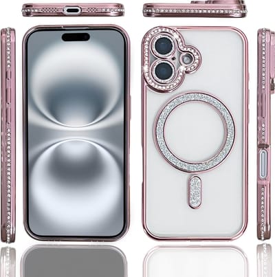 Hoesje Geschikt voor iPhone 16 Plus Magsafe hoes Lens beschermer Rose Goud – Luxe bling sprankelende diamant backcover