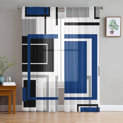 Abstracte Geometrie Vierkanten Moderne Kunst Raamgordijnen Transparant Chiffon Tule Gordijn Huis Woonkamer Achtergrond Decoratie 135W x 114H(cm) black