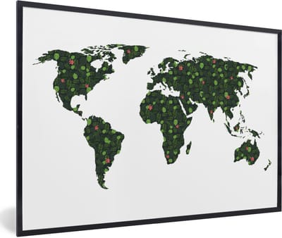 Poster in lijst - Fotolijst 90x60 cm - Posters - Wereldkaart - Tropische Planten - Wit - Posterlijst zwart - Decoratie - Wanddecoratie woonkamer - Muurdecoratie slaapkamer