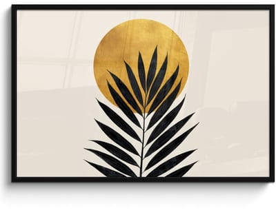 Poster in lijst - Fotolijst 120x80 cm - Posters - Zwart palmblad - Gouden cirkel - Beige achtergrond - Posterlijst zwart - Decoratie - Wanddecoratie woonkamer - Muurdecoratie slaapkamer