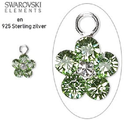 Sterling zilveren Swarovski bedeltjes, bloemetjes 8mm, met Peridot en Clear Swarovski kristal. Per 2 stuks
