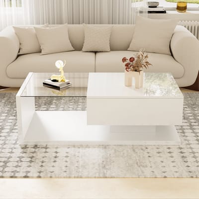 Wishdor Salontafel 105x55x32,5 cm van spaanplaat en gehard glas, hoogglans wit met 16-kleur LED