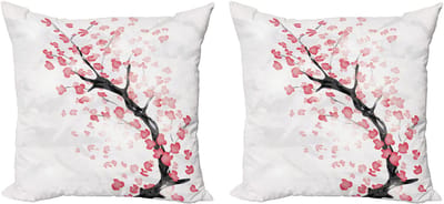 ABAKUHAUS Decoratieve kussenhoes met kersenbloesemmotief, 2 stuks, Sakura-afbeelding, 40x40 cm, donker koraal en zwart