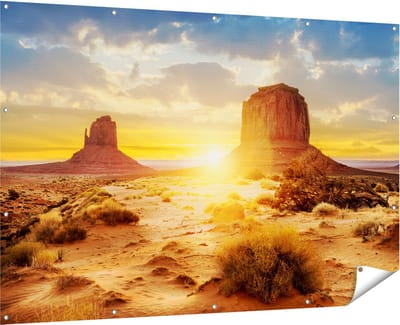 Gards Tuinposter Zonsondergang in Woestijn Monument Valley - 180x120 cm - Tuindoek - Tuindecoratie - Wanddecoratie buiten - Tuinschilderij