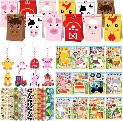 62pcs Farm Party Bag Refill Farm Animals Hat Stickers Key Accessory Bracelet Key Accessory Gift for Birthday Party Baby Shower Goodie Bag Fillers Accessories