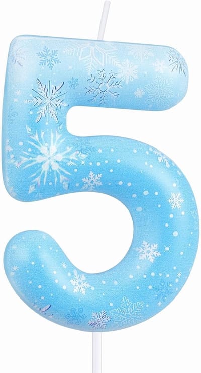 Famanu – Sneeuwvlok verjaardagskaars cijfer 5, blauw-wit taarttopper