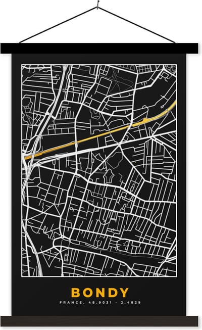 Posterhanger incl. Poster 40x60 cm - Schoolplaat - Kaart - Stadskaart - Plattegrond - Bondy - Frankrijk - Textielposter - Zwarte latten - Stadskaart