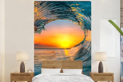 Behang - Fotobehang Zonsondergang - Water - Golf - Oranje - Breedte 195 cm x hoogte 300 cm